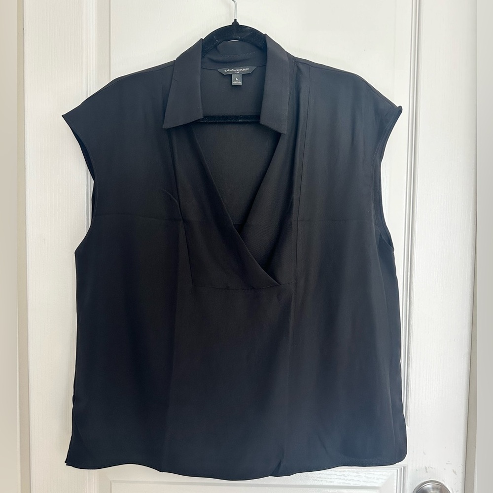 Banana Republic Women Sleeveless Blouse Johnny Collar Black Size Large